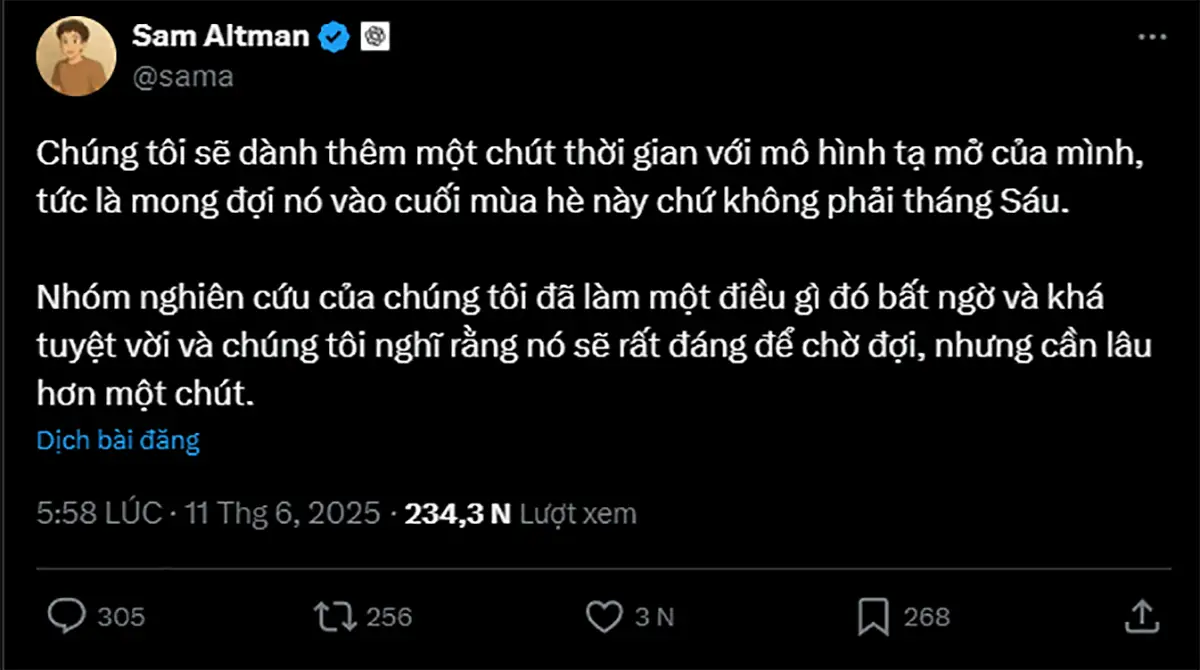 Giám đốc điều hành Sam Altman đã thông báo trong một bài đăng trên X